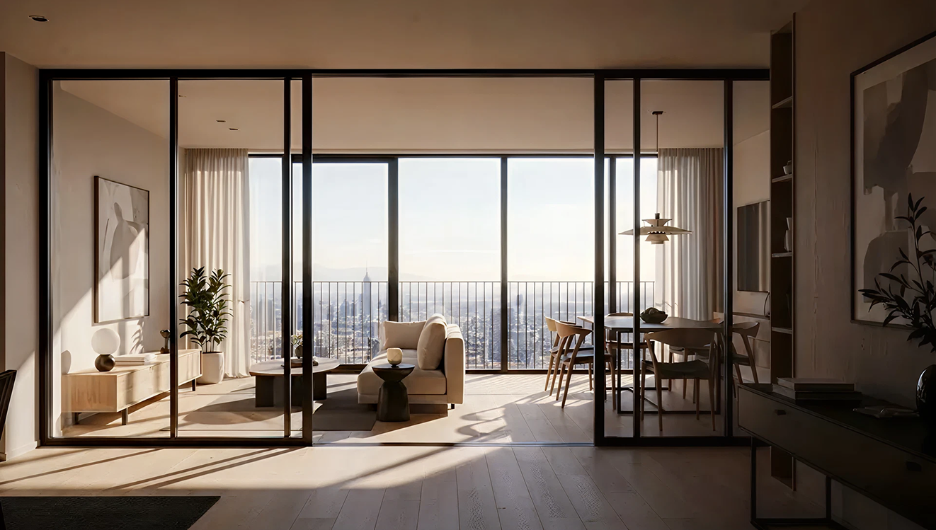 Modern living and dining room with large floor-to- glass window