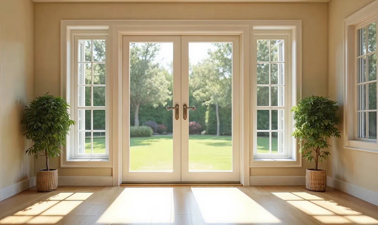 Bright room with wooden floor, two potted plants, large glass double doors, and windows overlooking a green garden.