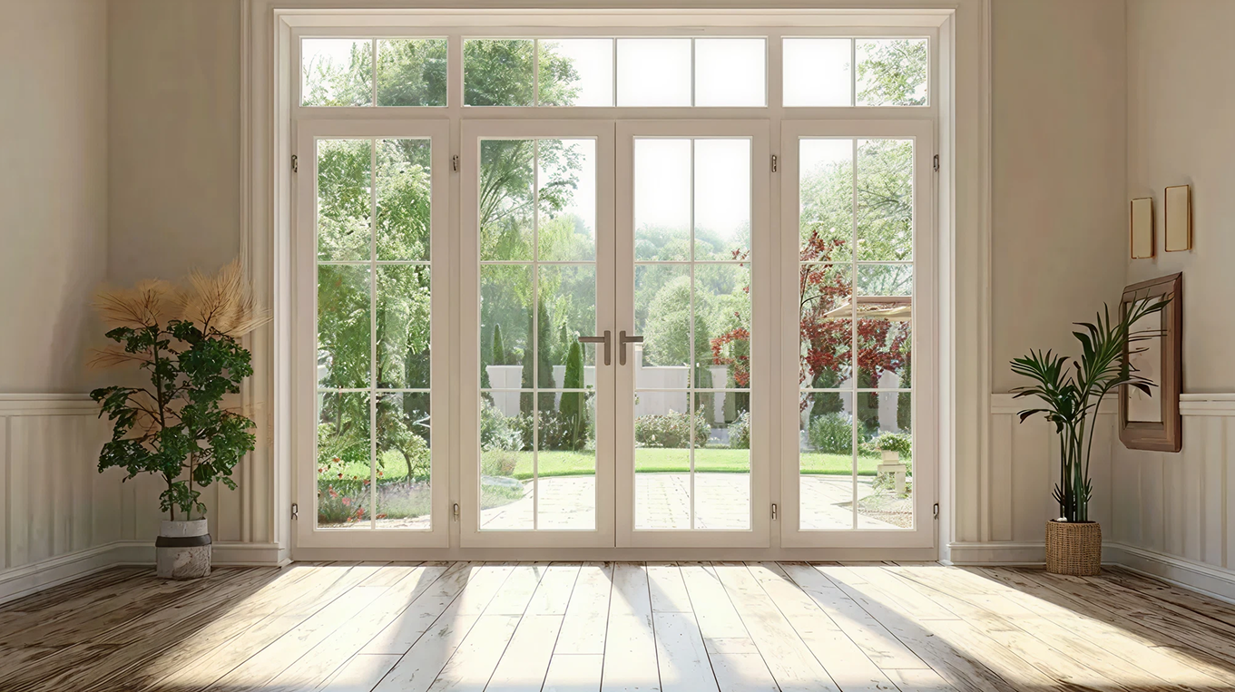 Sunlit room with light wood floor, large white-framed glass doors opening to a green garden, and potted plants on either side.