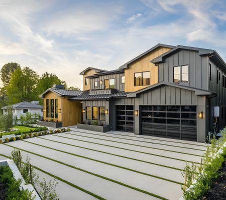 Modern two-story house with dark gray and wooden exterior, large glass garage doors, and a driveway featuring grass strips between concrete slabs.