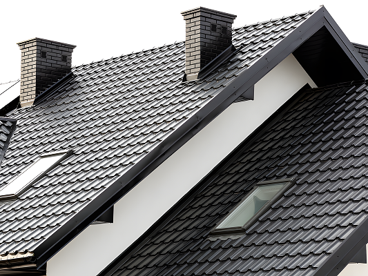 Close-up of a modern residential roof with dark gray metal tiles, two brick chimneys, and skylight windows.