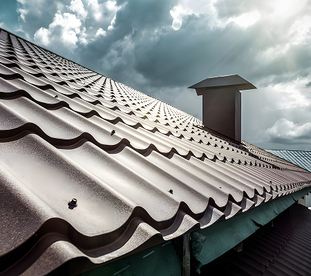 Metal roof with a chimney under a partly cloudy sky.