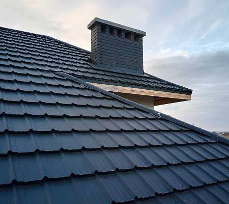 Close-up of a dark metal tiled roof with a brick chimney under a cloudy sky.
