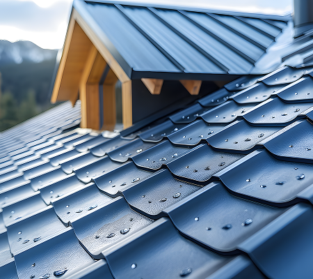 Close-up of blue metal roof tiles with water droplets and a wooden dormer window in the background.