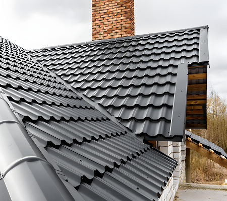 Close-up of a modern house roof with dark grey metal tiles and a brick chimney under a cloudy sky.