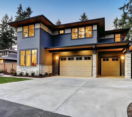 Modern two-story house with blue siding, stone accents, large windows, and a three-car garage at dusk.
