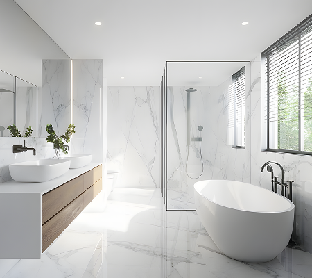 Modern bathroom with large white freestanding bathtub, glass shower enclosure, double sink vanity with wooden drawers, and marble floors and walls.