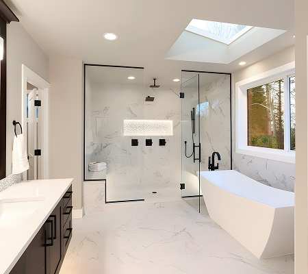 Modern bathroom with white marble floor and walls, a glass-enclosed shower, a freestanding bathtub, skylight, and a large window.