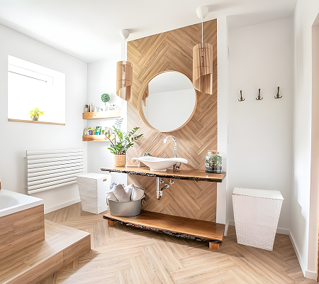 Bright modern bathroom with wooden accents, a round mirror above a white sink, hanging wooden light fixtures, plants, and woven laundry baskets.