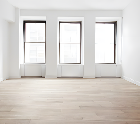 Bright empty room installed with light wood flooring and three tall windows with white walls.