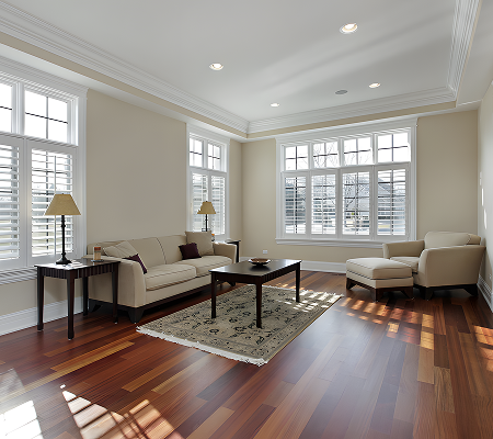 Bright living room installed with polished wood floor.