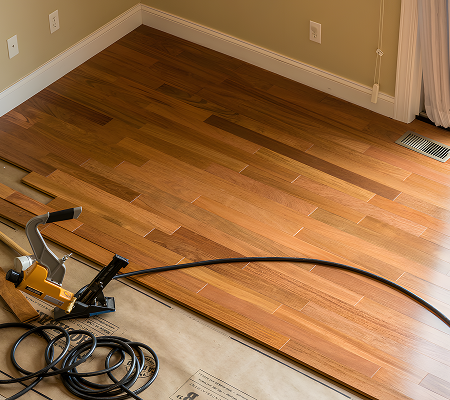 Partially installed wooden floor with air-powered flooring nailer and air hose on protective paper in a room corner.
