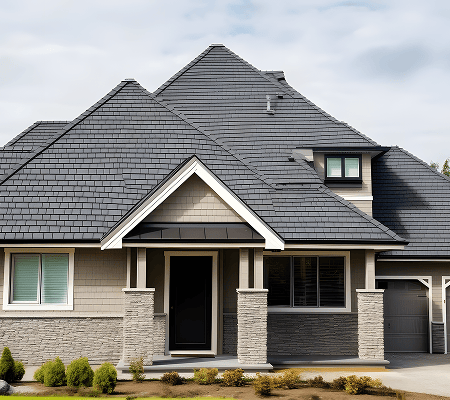 Modern single-story house with dark gray metal roof