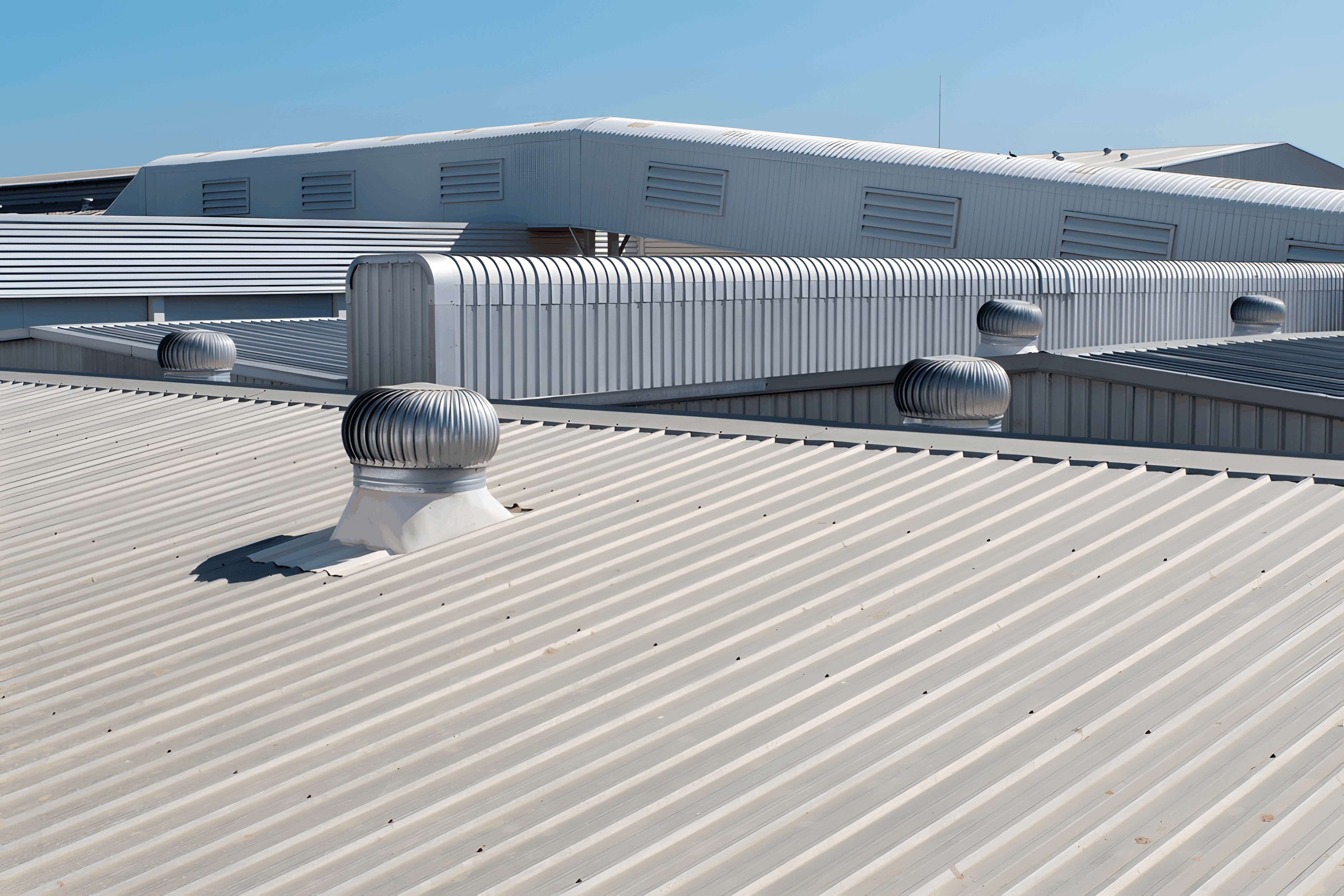 A white commercial roofing metal roof installation