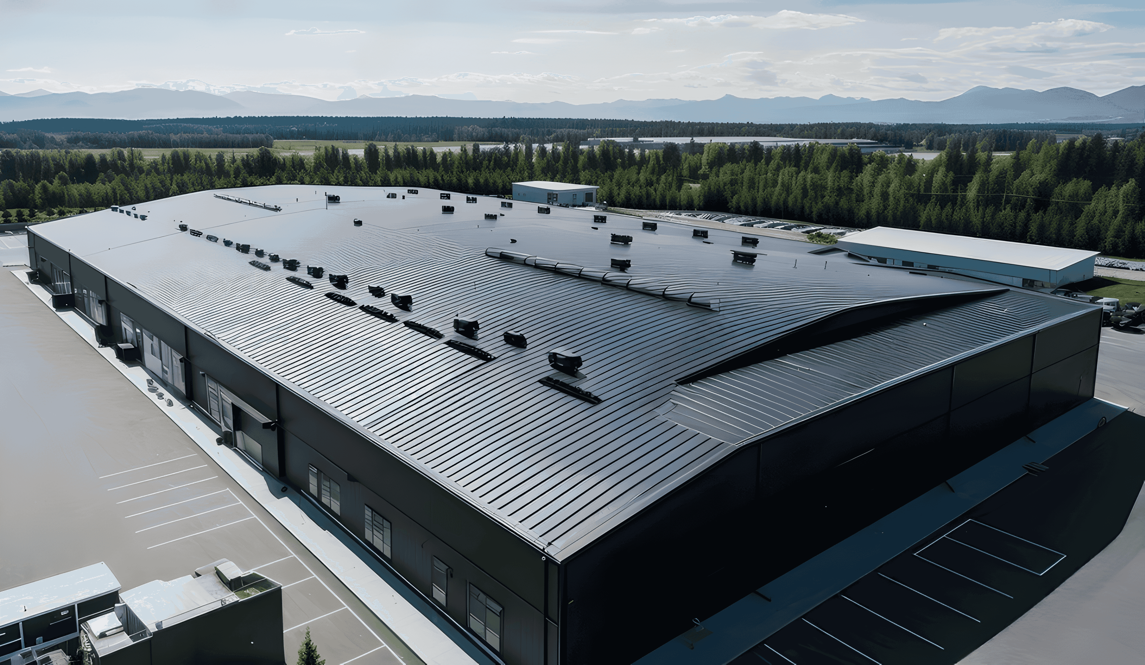 large industrial warehouse showing a professional commercial roofing project with a black standing seam metal roof installation