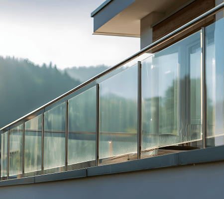 A luxury balcony featuring residential impact windows and modern glass railings