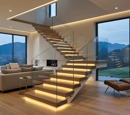 luxury stairs featuring modern glass railings