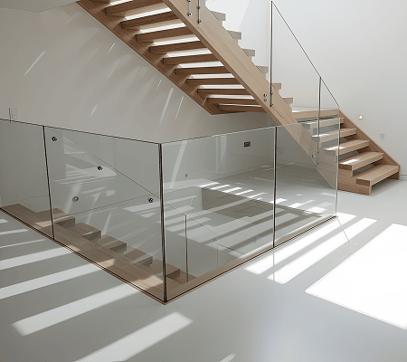 A minimalist modern staircase highlighting professional flooring installation and glass railings