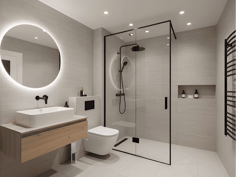 A modern bathroom remodel by ASP Superhome featuring a minimalist glass shower