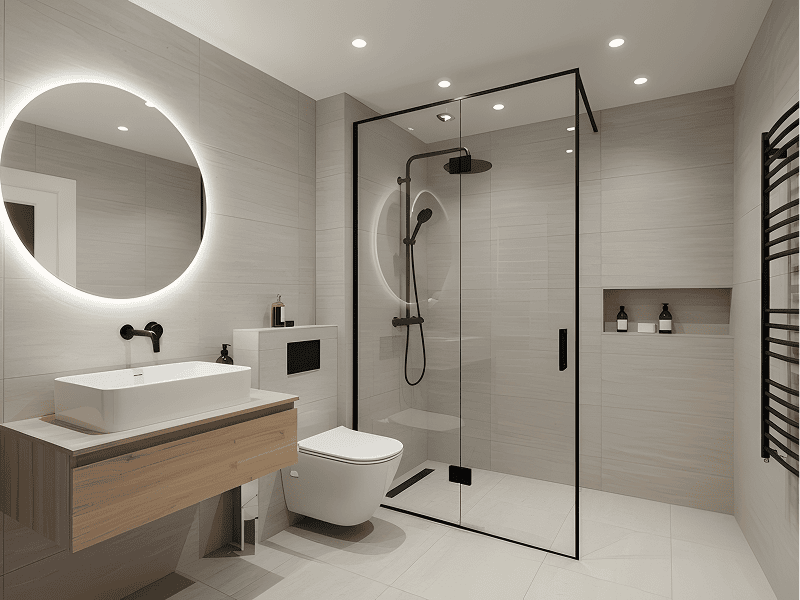 A modern bathroom remodel by ASP Superhome featuring a minimalist glass shower