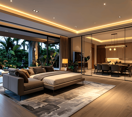 Sliding glass doors opening to a tropical patio