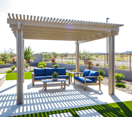 Outdoor living area with pergolas