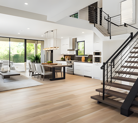 Spacious modern open-plan living area with wooden flooring, white kitchen cabinets, dining table, and a staircase with black railings.
