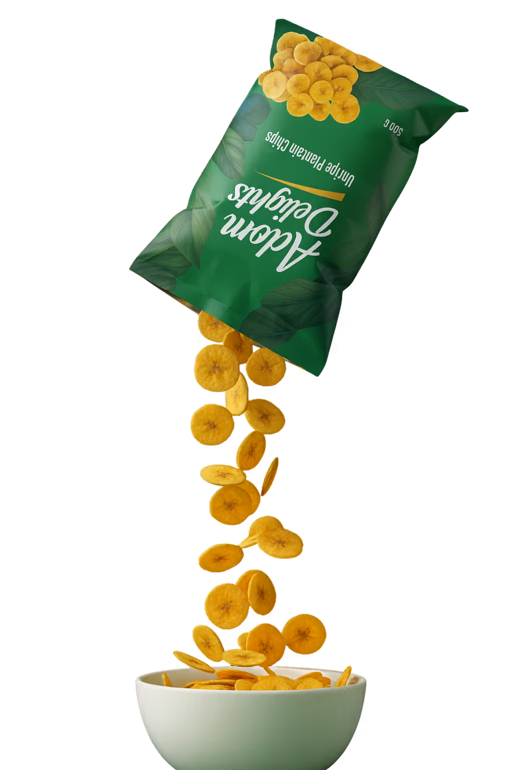 Bag of Adam Delights unripe plantain chips pouring yellow chips into a white bowl against a black background.