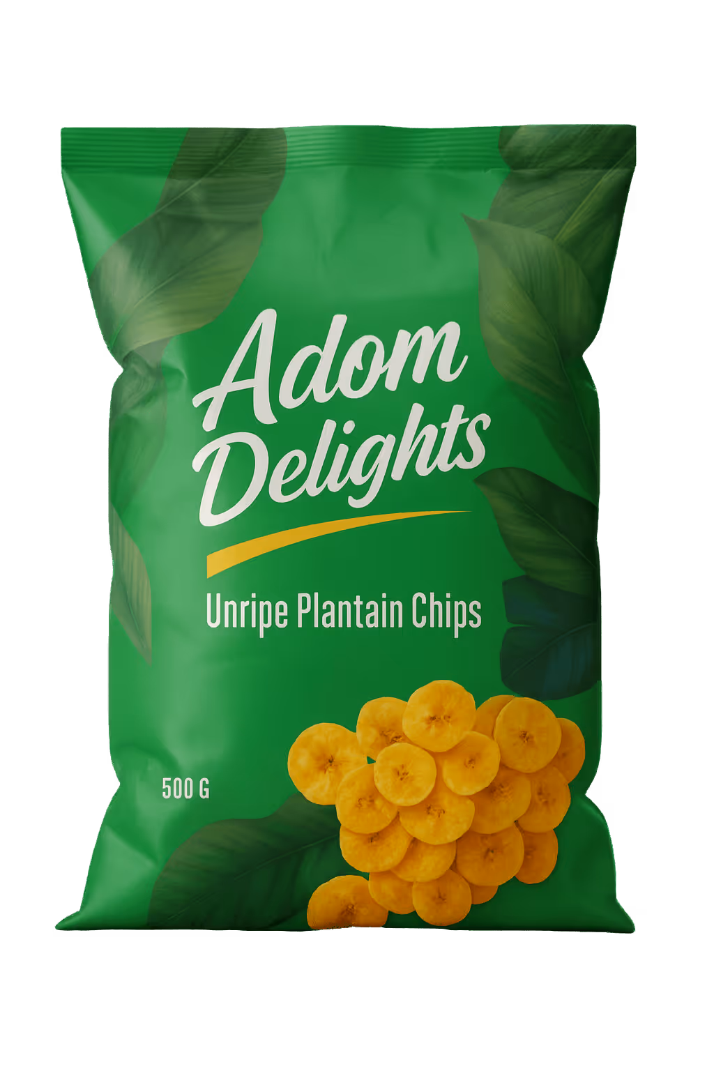 Green bag of Adom Delights Unripe Plantain Chips with an image of round yellow chips and 500g label.