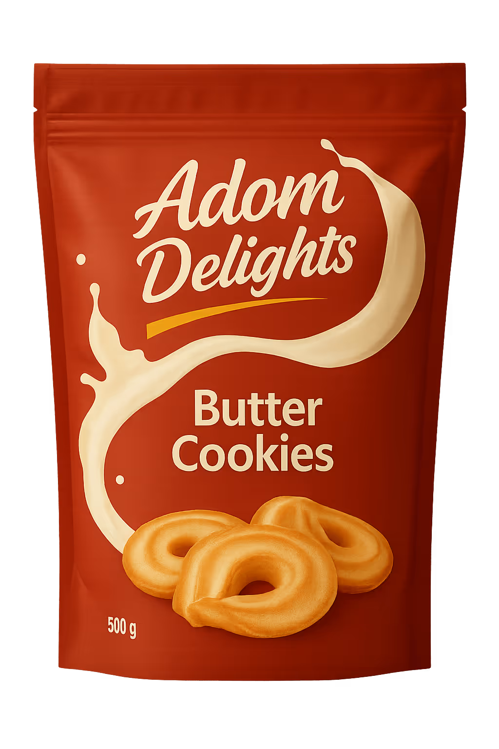 Red package of Adom Delights Butter Cookies with an image of three ring-shaped butter cookies and a splash of cream.