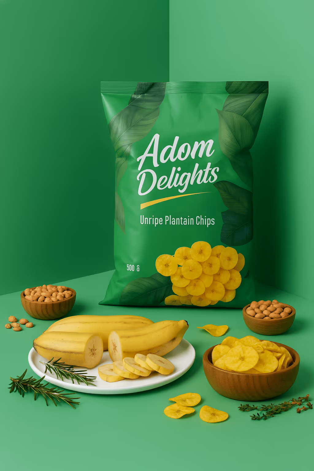 Green bag of Adom Delights Unripe Plantain Chips surrounded by whole and sliced plantains, plantain chips in wooden bowl, peanuts in bowls, and sprigs of herbs on green surface.