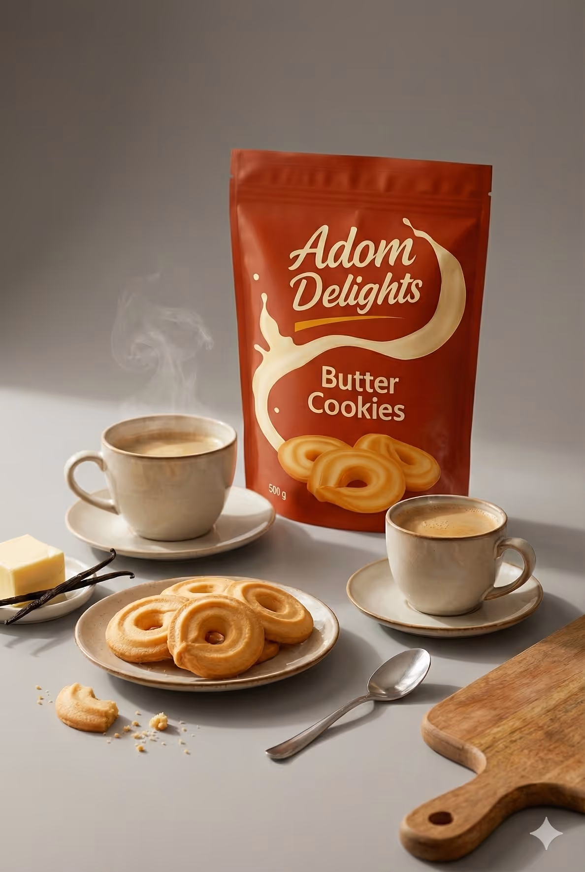 Package of Adom Delights Butter Cookies behind two steaming cups of coffee and a plate with butter cookies on a table with a wooden cutting board, butter, and vanilla pods.
