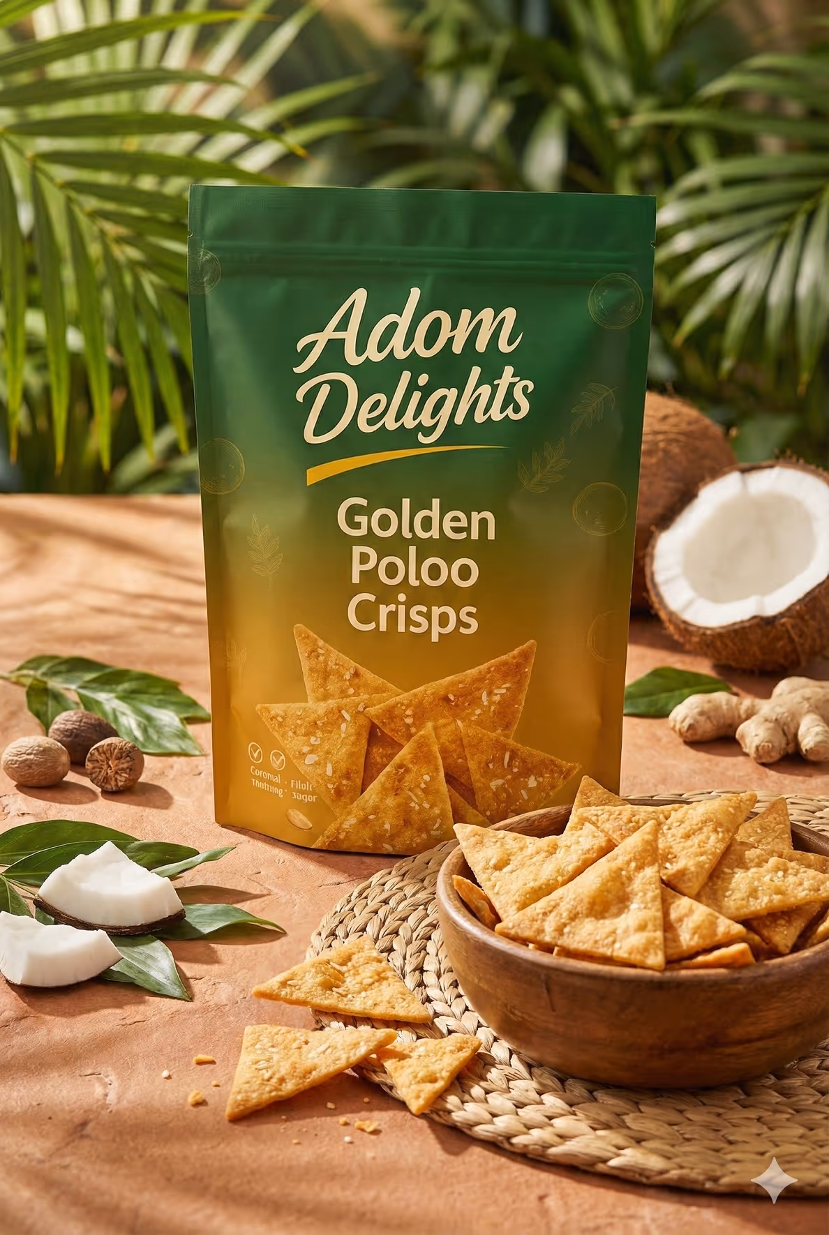 Green and yellow package of Adom Delights Golden Poloo Crisps with triangular crisps in a wooden bowl and coconut pieces on a woven mat.
