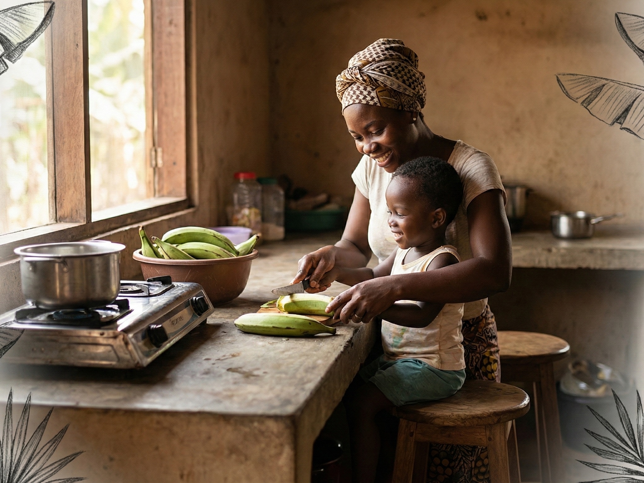Black and white drawing of an older woman embracing and comforting a younger woman seated in front.