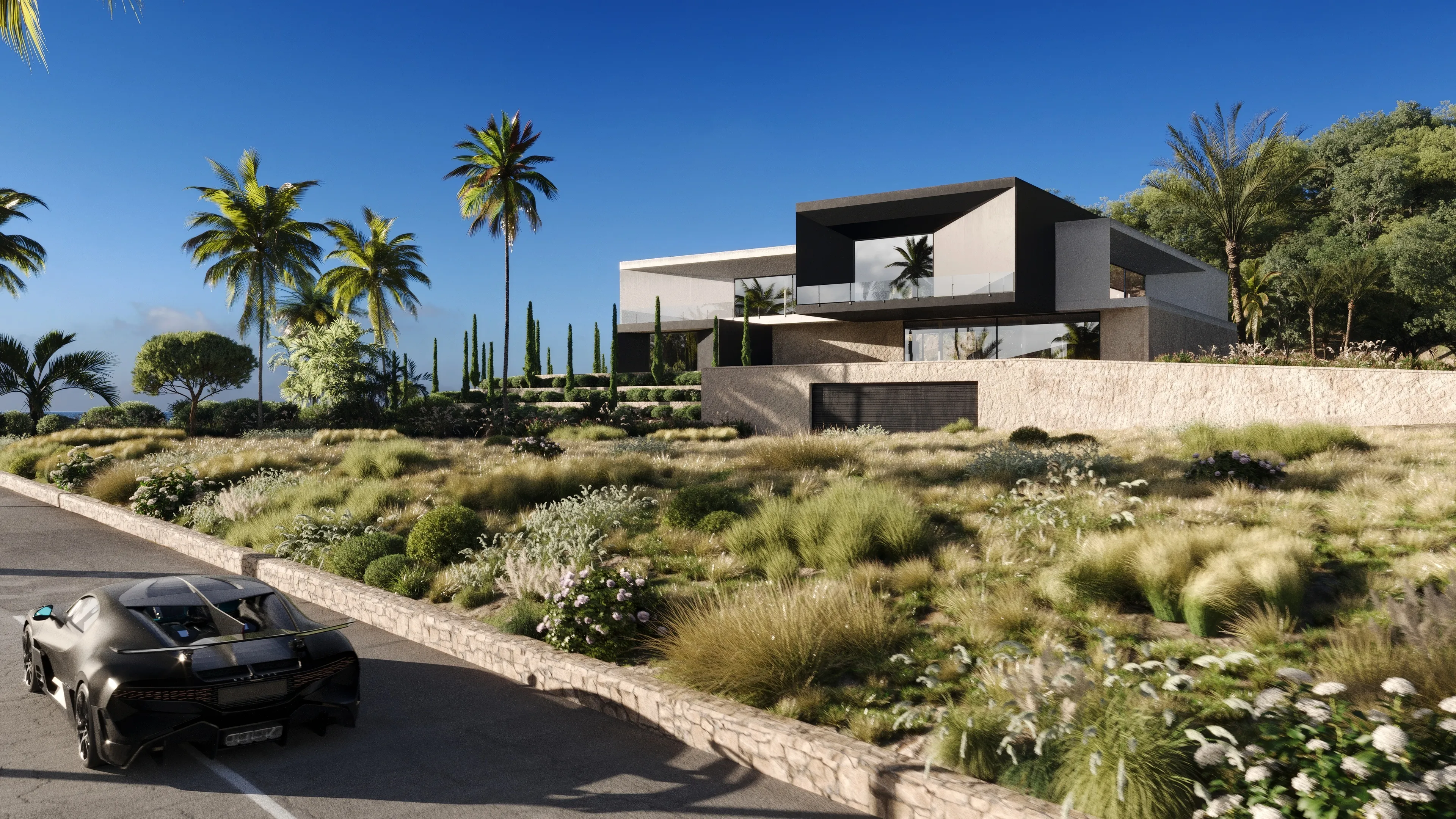 Modern hillside villa with landscaped plants and a sports car on the road.