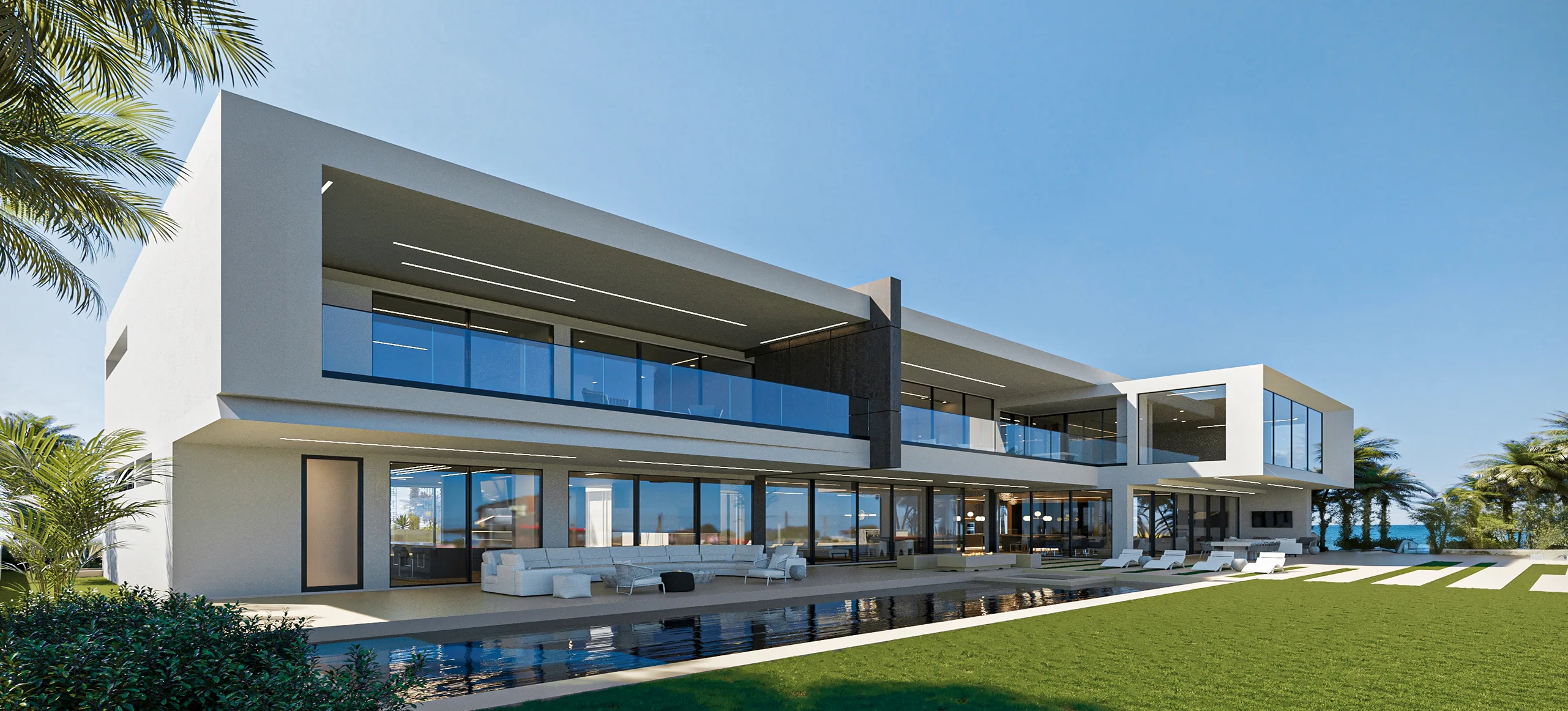 Modern luxury villa with glass facade, pool, and landscaped lawn