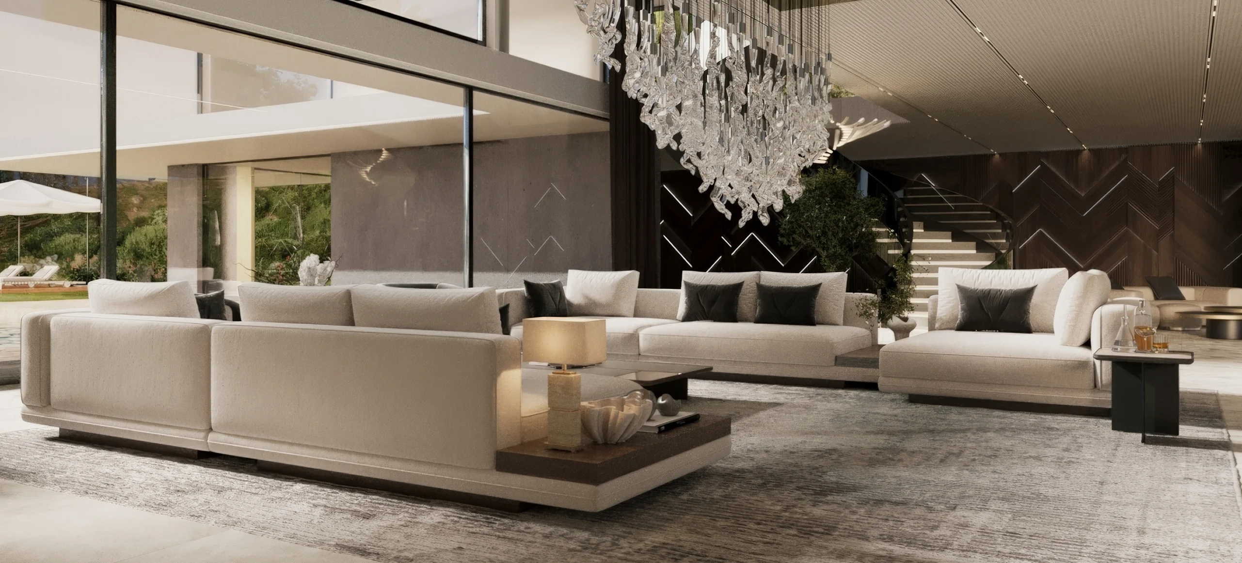 Contemporary living room with neutral sofas and sculptural chandelier
