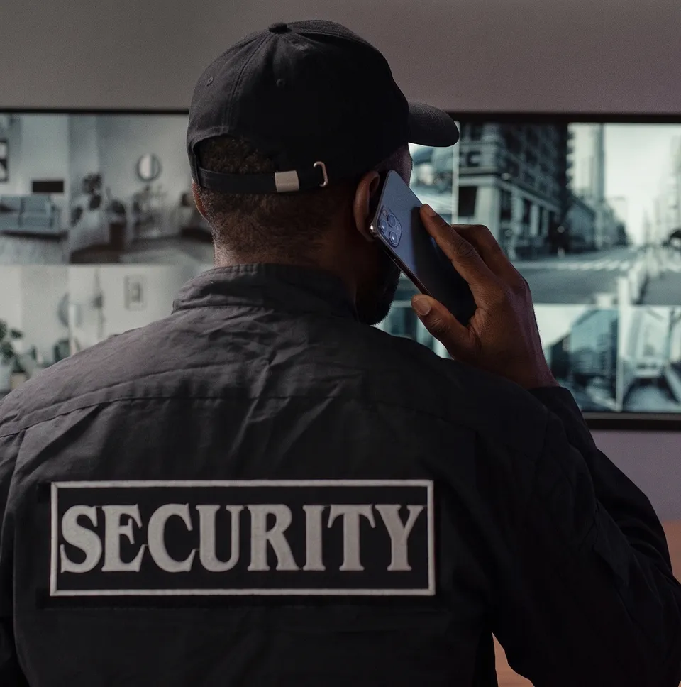 Security guard speaking on a smartphone while monitoring surveillance screens.