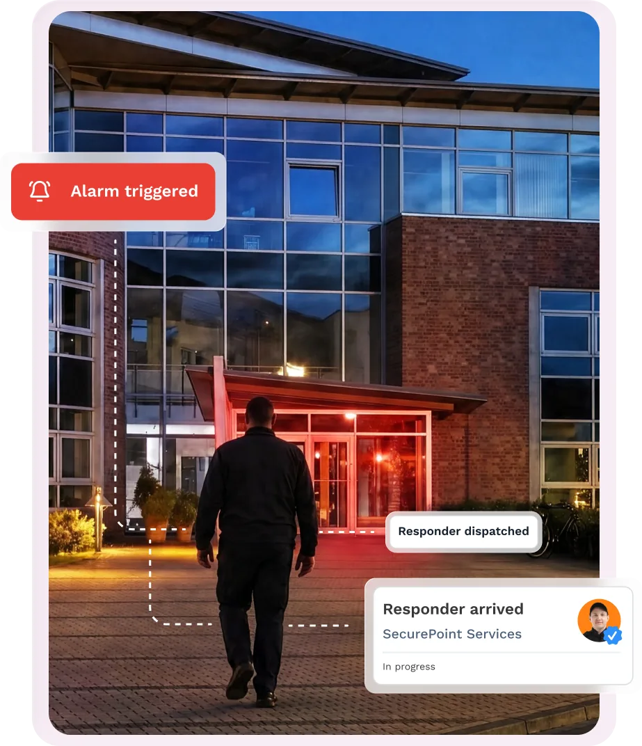 Security alarm triggered, with a security responder arriving on site following an alert from an alarm installer system.