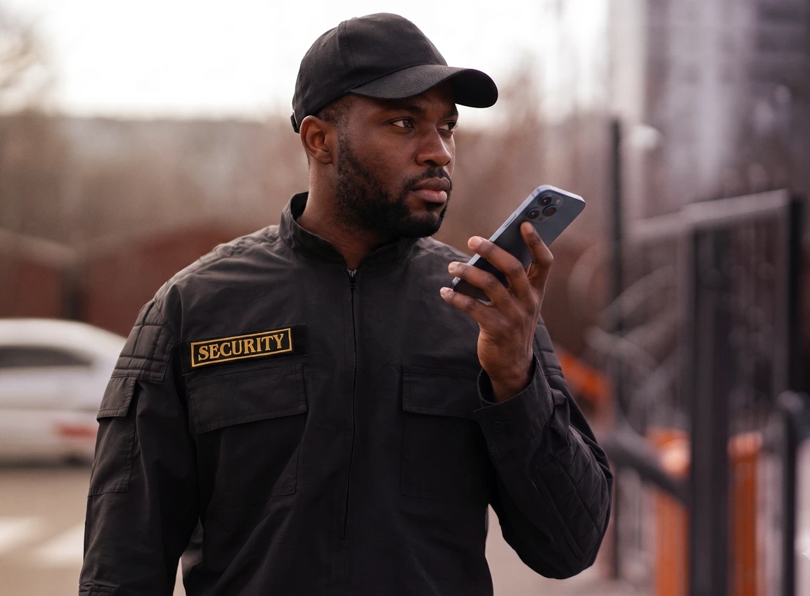 Security responder in a black uniform holding a smartphone outdoors.