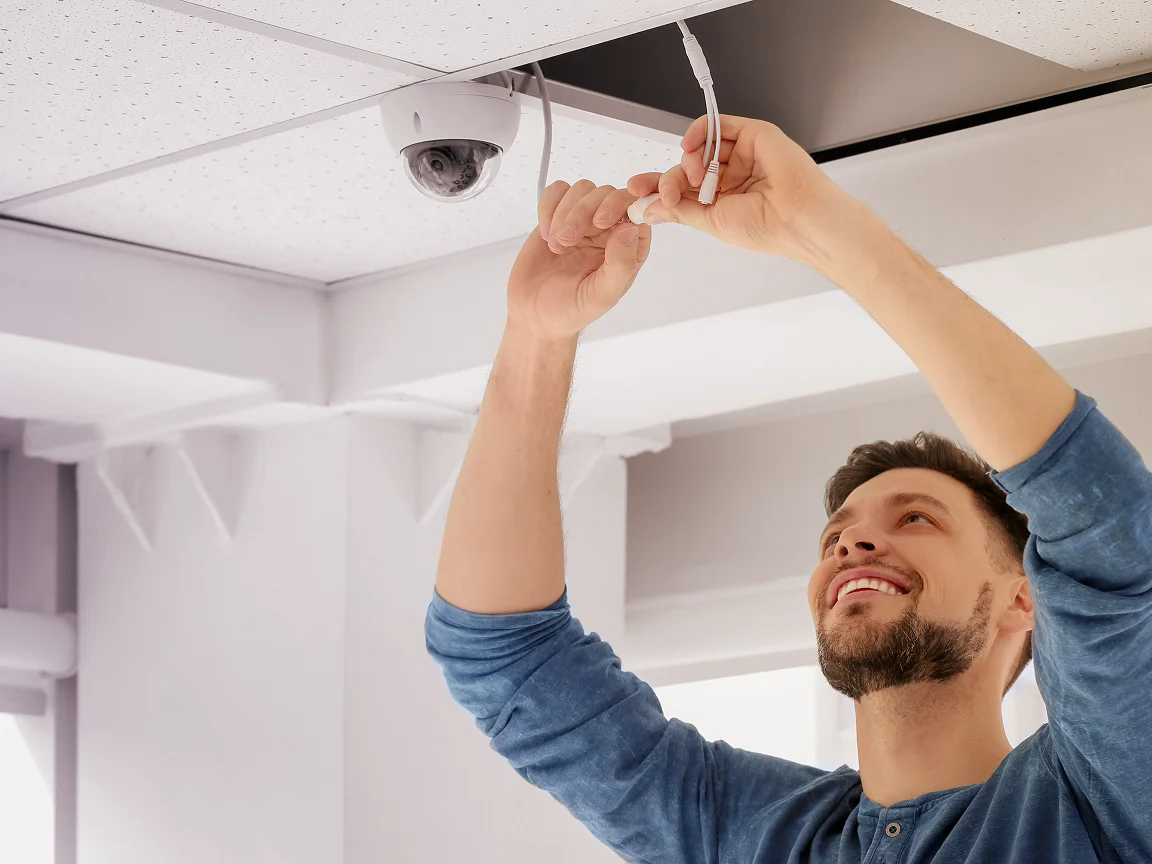 Security installer fitting a ceiling-mounted surveillance camera indoors.