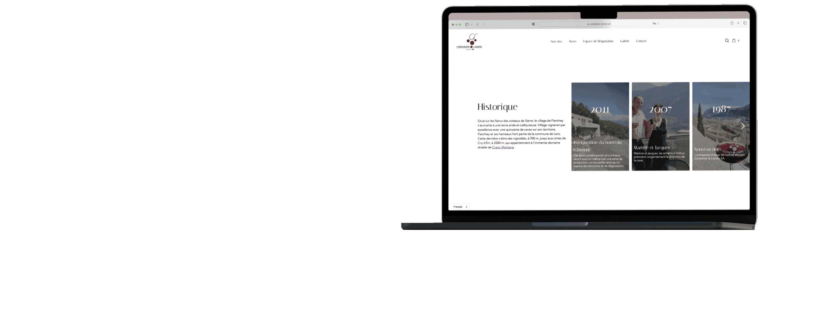 A laptop showing on its screen a website built by TimDesign for Cordonier Lamon.