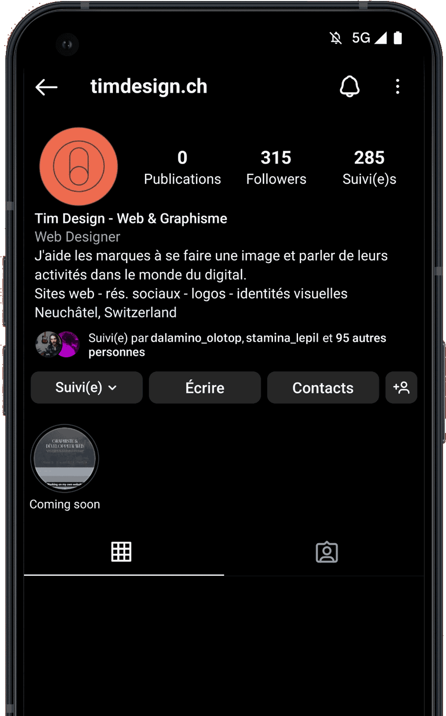 A laptop showing on its screen the instagram page of TimDesign.ch.