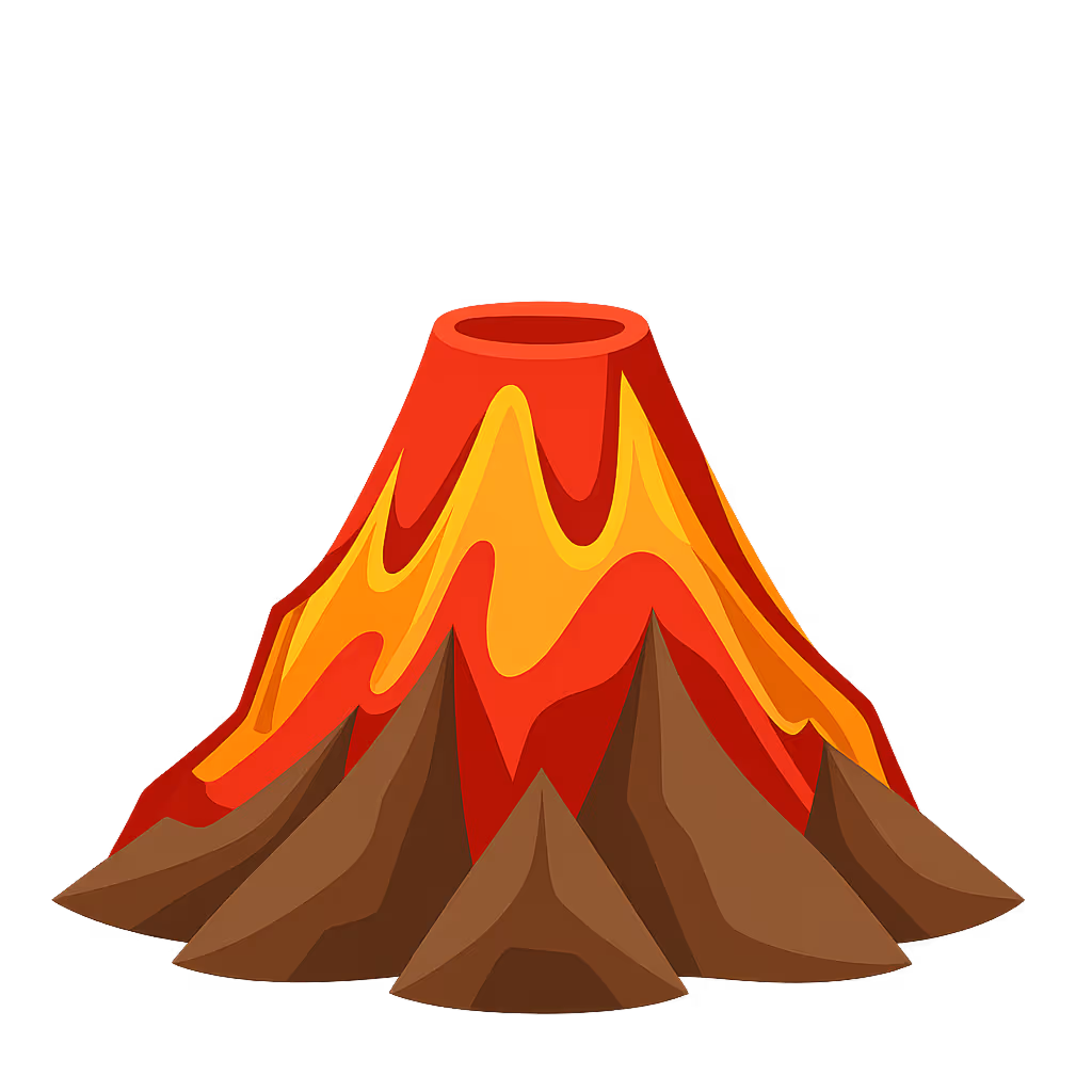 Illustration of a volcano with red and orange lava flowing down brown rocky sides.