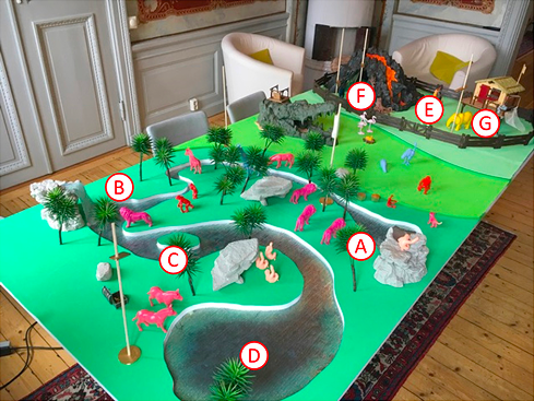 Tabletop diorama with pink dinosaur figurines, green trees, a blue winding river, and a volcano model with toy figures and small structures.