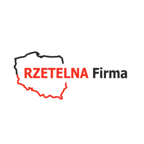 Kontur Polski z napisem ‚RZETELNA Firma’, gdzie ‚RZETELNA’ jest na czerwono, a ‚Firma’ na czarno.