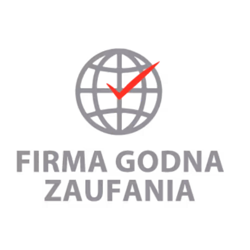 Symbol globu z czerwoną czerwonym haczykiem i napisem Firma godna zaufania.