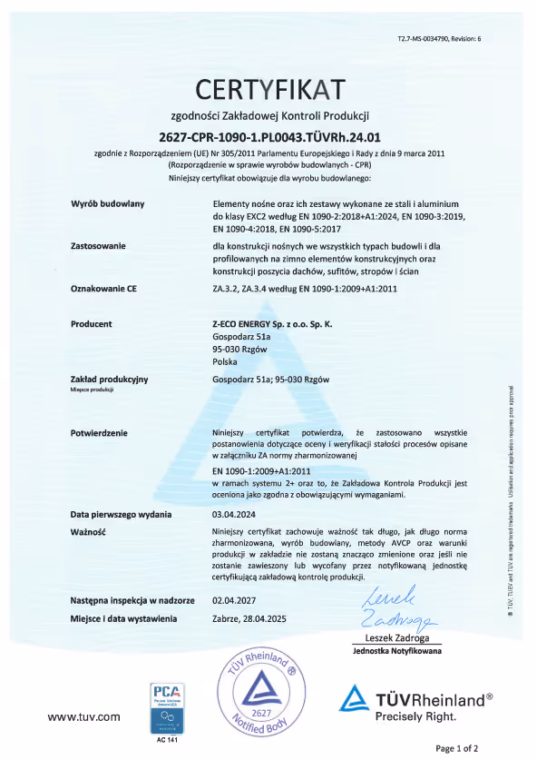 Zdjęcie przedstawia certyfikat zgodności zakładowej produkcji kontroli przyznanego dla Z-Ecoenergy