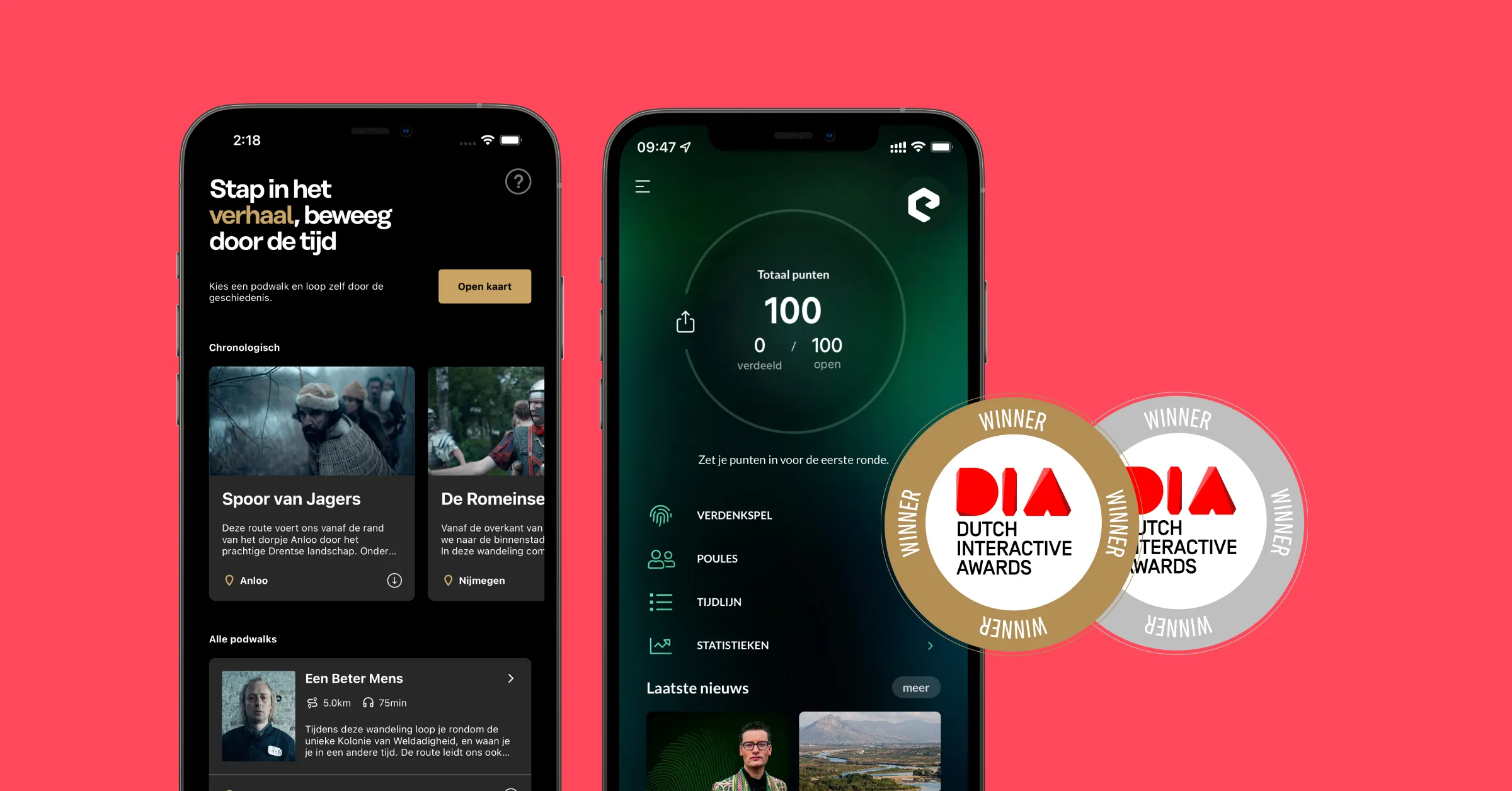 DIA Awards for the Wie is de Mol? app and The Story of the Netherlands Podwalk app