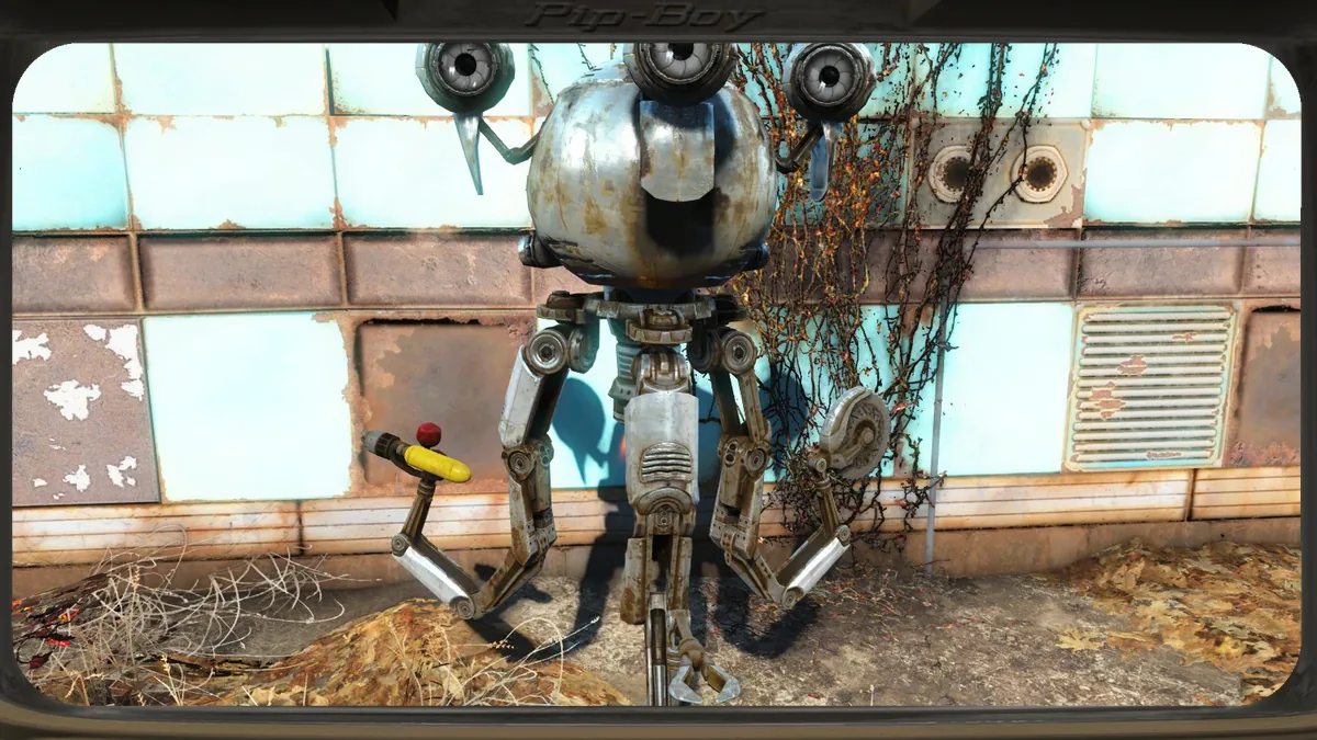 Codsworth, el Mr. Handy de Fallout 4, ante una casa de Sanctuary Hills